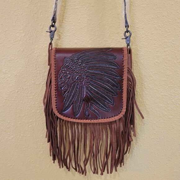 Native American Chief Head Crossbody Fringed Purse Genuine Leather Embossed Brow - Picture 4 of 16
